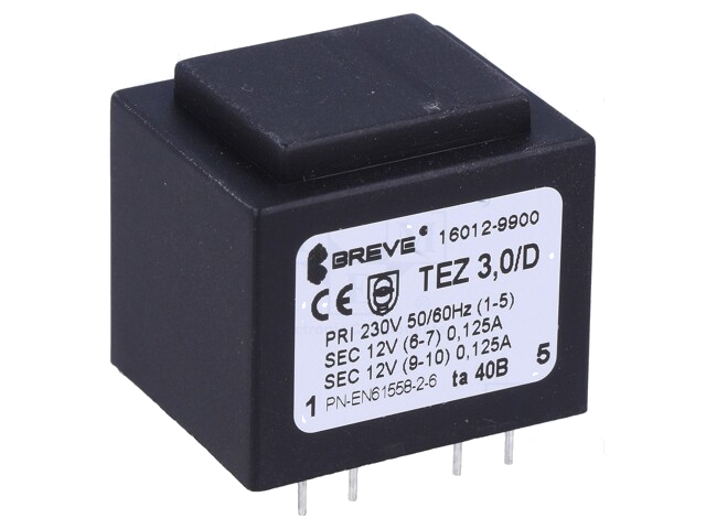 Transformator: ingegoten; 3VA; 230VAC; 12V; 12V; 125mA; 125mA; PCB Transformator: ingegoten; 3VA; 230VAC; 12V; 12V; 125mA; 125mA; PCB